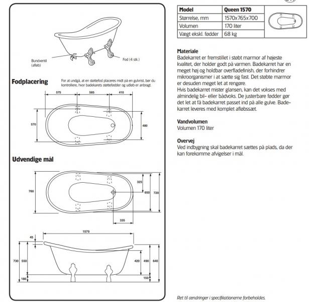 Hafa Queen fritstående badekar 1570 m/krom løvefødder