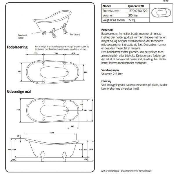 Hafa Queen fritstående badekar 1670 m/krom løvefødder