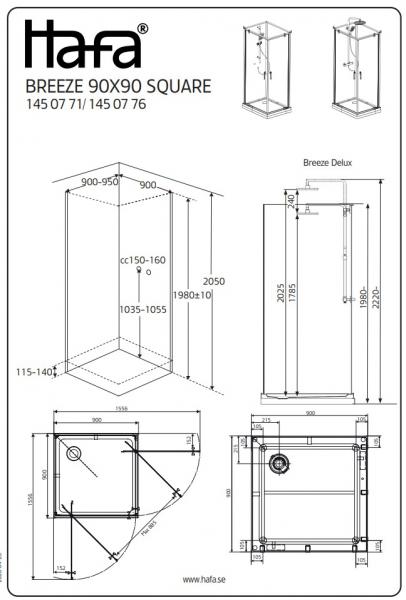 Hafa Square Breeze deluxe brusekabine inkl hovedbruser - 90x90 cm