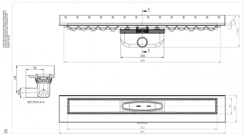 Purus Line RIB afløbspakke 800 mm - vandret - Børstet messing