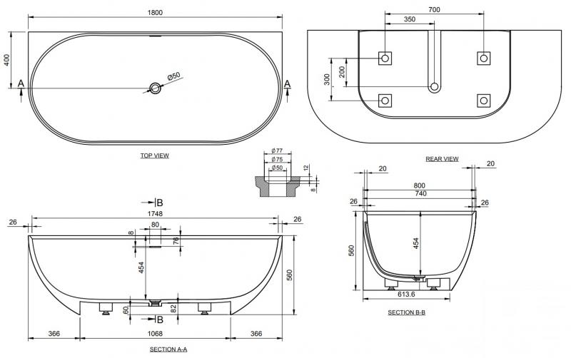 Ideavit Solidnova back-to-wall badekar 1800 x 800 mm - Mat hvid