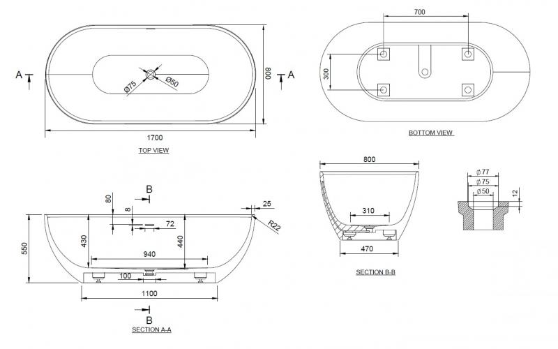 Ideavit Solidera fritstående badekar 1700 x 800 mm - Mat hvid