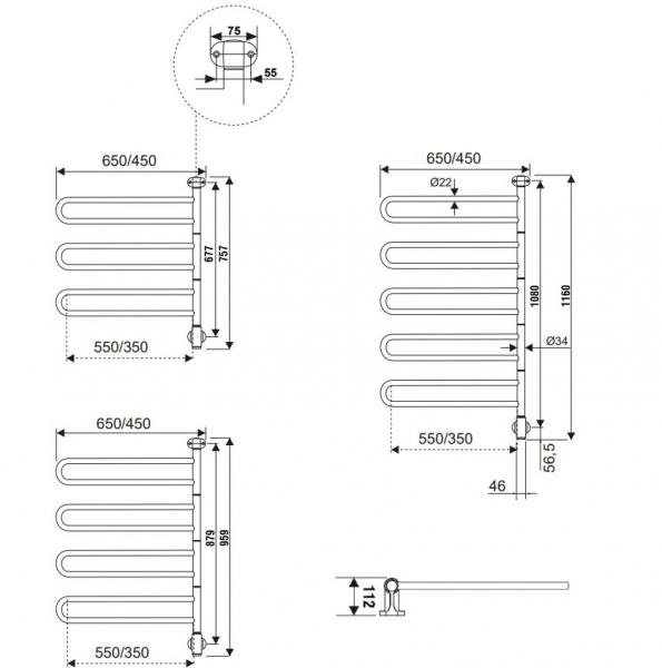 Kriss Flex U Håndklædetørrer m/3 arme - 45x75,7 cm - Krom