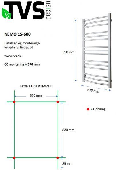 Outlet - TVS Nemo 15 håndklædetørrer - 61x99 cm - Sort