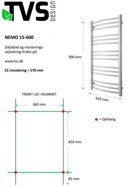 TVS Nemo 15 håndklædetørrer - 61x99 cm - Sort