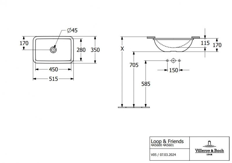 Villeroy & Boch Loop/Friends 45 håndvask t/underlimning - Med overløb - C+