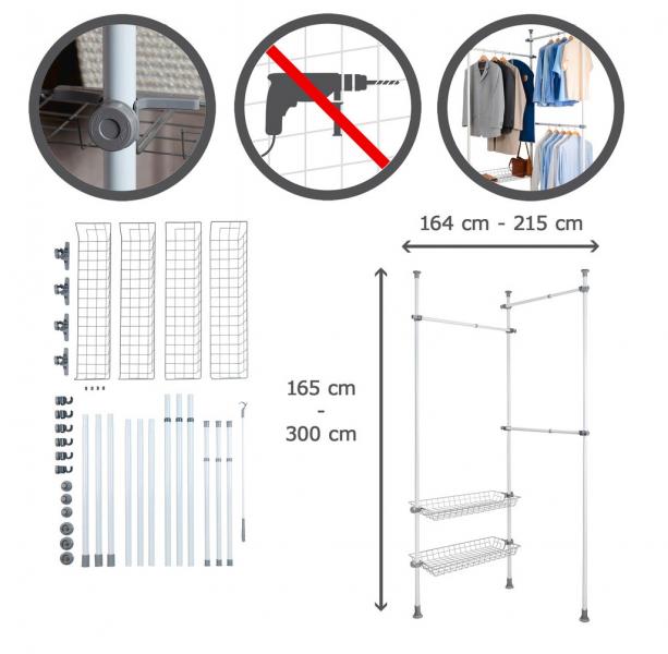 Wenko Hercules teleskopsystem Duo til garderobe 164-215 cm - Hvid/Grå