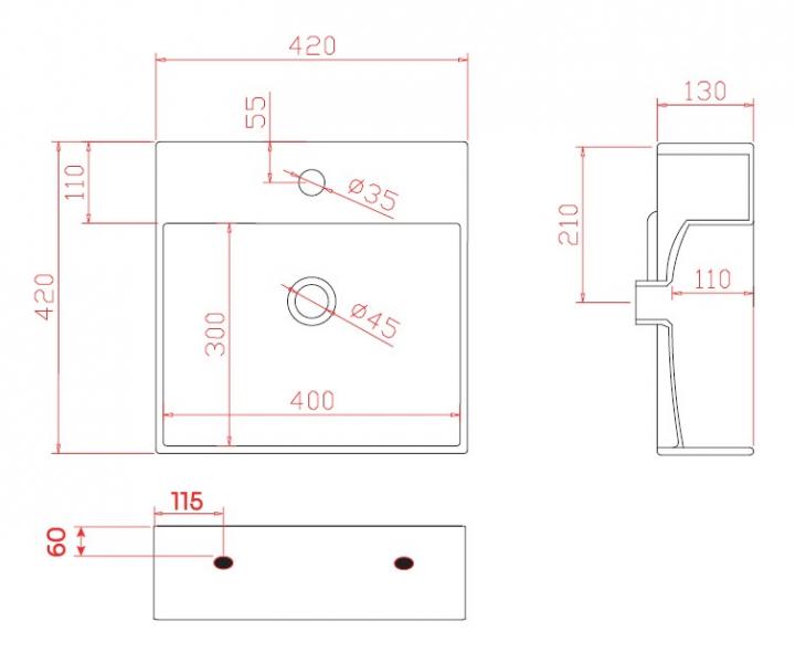 Lavabo Boxo 42 håndvask t/væg eller bord - 1 hanehul