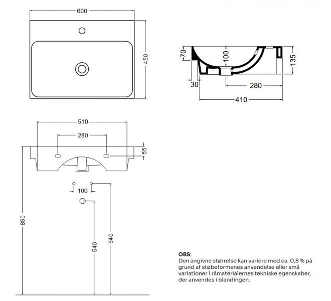 Lavabo 60 h&aring;ndvask t/v&aelig;g eller bord - 1 hanehul