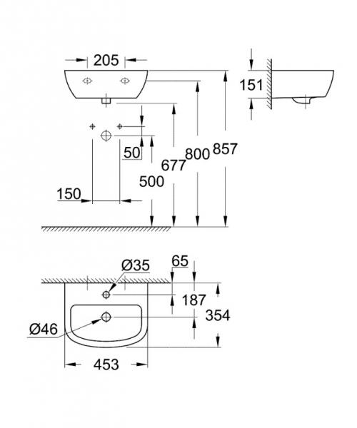 Grohe Bau 45 håndvask t/væg - 1 hanehul