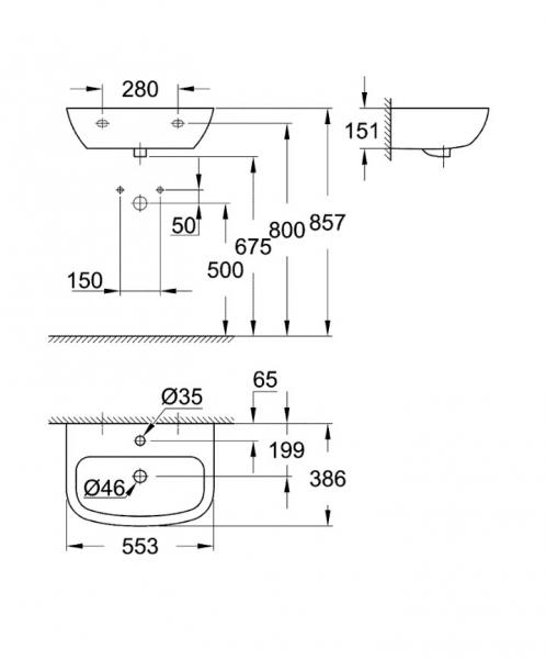 Grohe Bau 55 håndvask t/væg - 1 hanehul