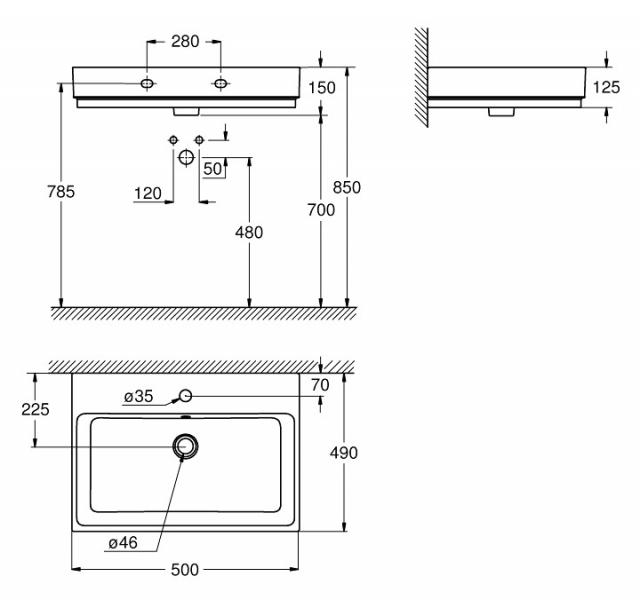 Grohe Cube 50 håndvask t/væg - 1/3 hanehul - PureGuard