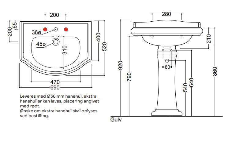 Lavabo Retro 69 håndvask t/gulv med piedestal - 1 hanehul