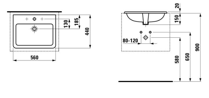 Laufen Pro S 56 håndvask t/nedfældning - 1 hanehul