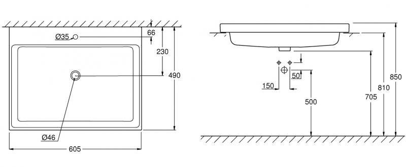 Grohe Cube 60 håndvask t/nedfældning - 1/3 hanehuller - Med overløb - PureGuard