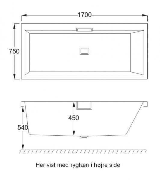 Strømberg Celsius badekar t/indbygning - 170 x 75 - Venstre - 1 ryglæn