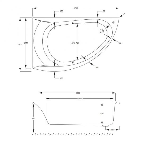 Strømberg Omega hjørnebadekar - 170 x 110 mm - Venstre - 1 ryglæn