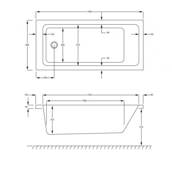 Strømberg Quantum badekar t/indbygning - 150 x 70 - 1 ryglæn - m/Carronite