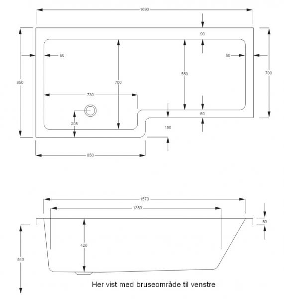 Strømberg Quantum badekar t/brus - 170 x 70/85 - Højre - 1 ryglæn