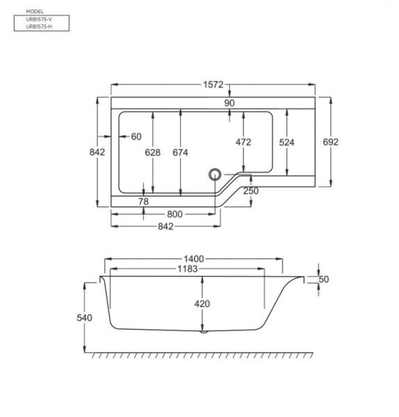 Strømberg Urban Edge badekar t/brus - 157,5 x 70/84,5 - Højre - 1 ryglæn