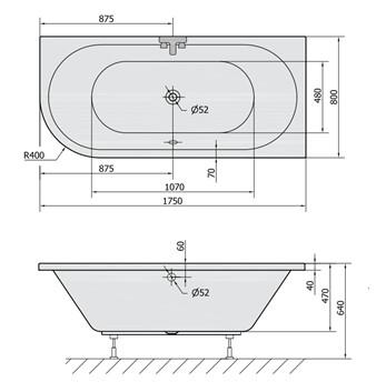 Royal Viva badekar t/indbygning - 175 x 80 - Højre - 2 ryglæn