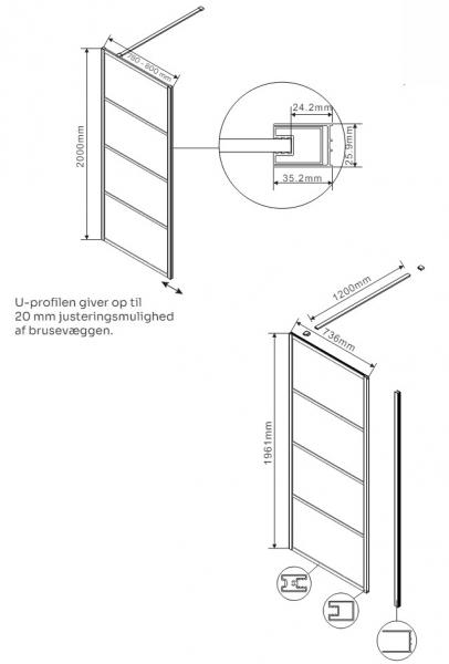 Lavabo Walk In fast brusevæg - Klar glas/Mat sort - 80 cm