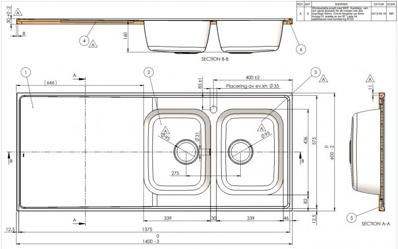 Intra AH14-KV stålbordplade køkkenvask - Vendbar - Dobbelt - 140 cm