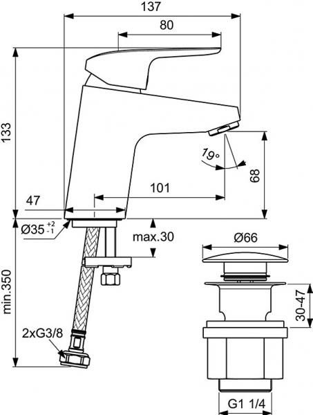 Ideal Standard Ceraflex håndvaskbatteri m/push-open bundventil