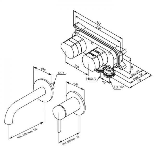 Damixa Iris komplet h&aring;ndvaskarmatur til indbygning - B&oslash;rstet messing