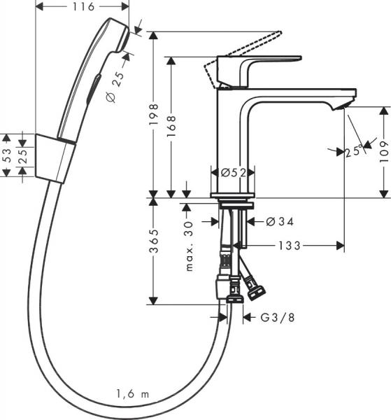 Hansgrohe Rebris S 110 håndvaskarmatur m/håndbruser u/bundventil - Krom