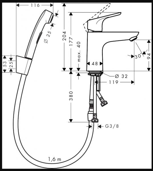 Hansgrohe Focus 100 håndvaskarmatur m/håndbruser og push-open bundventil