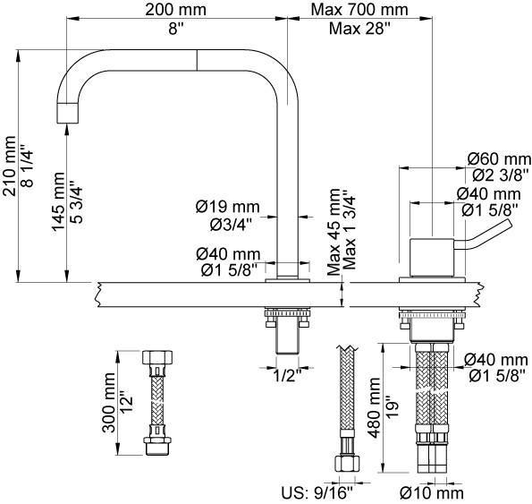 Vola 590M-16 håndvaskbatteri - Krom