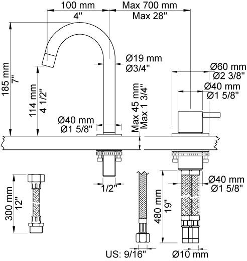 Vola 590B Håndvaskbatteri - krom