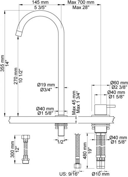 Vola 590V Håndvaskbatteri m/svingtud - Krom