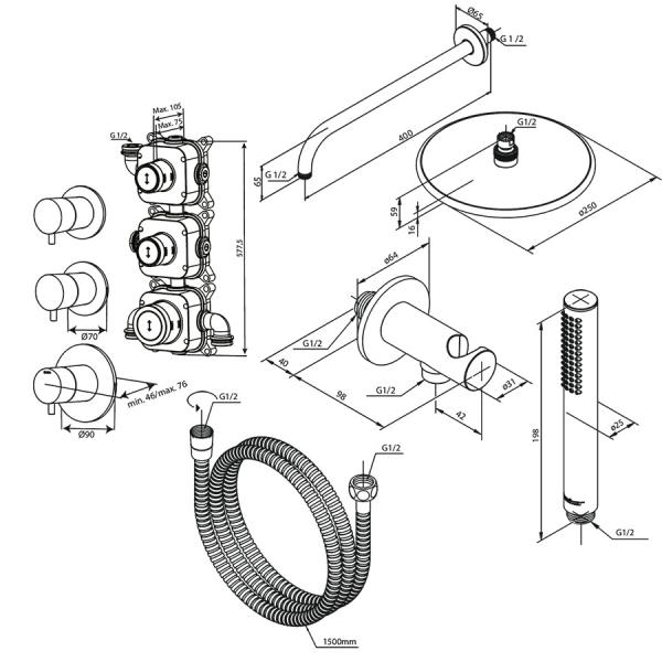 Damixa Silhouet XS 1 komplet brusesystem til indbygning - Mat sort