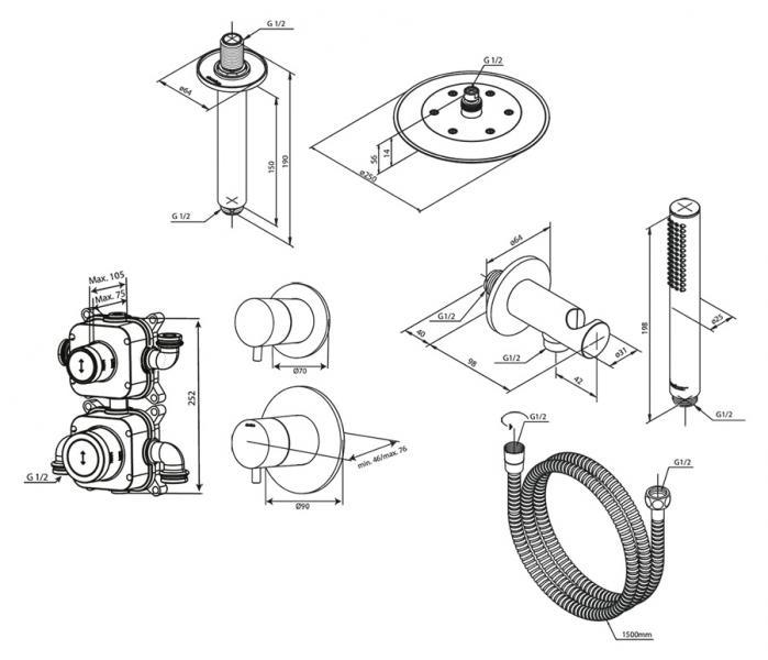 Damixa Silhouet DS 2 komplet brusesystem til indbygning - Steel