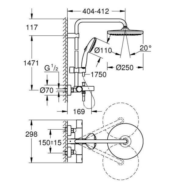 Grohe Vitalio Start 250 komplet brusesystem m/termostat t/badekar