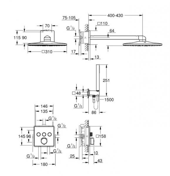 Grohe Precision SmartControl 310 komplet indbygget brusesystem m/SmartActive hovedbruser - Krom