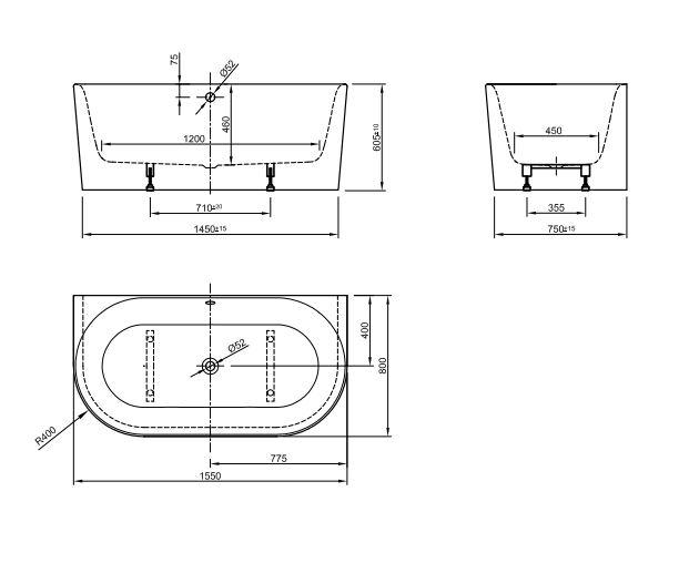 Strømberg Siena Back-To-Wall badekar - 1550 x 800 mm - Hvid