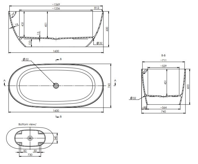 Strømberg Arden fritstående badekar 1600 x 740 mm - Mat hvid