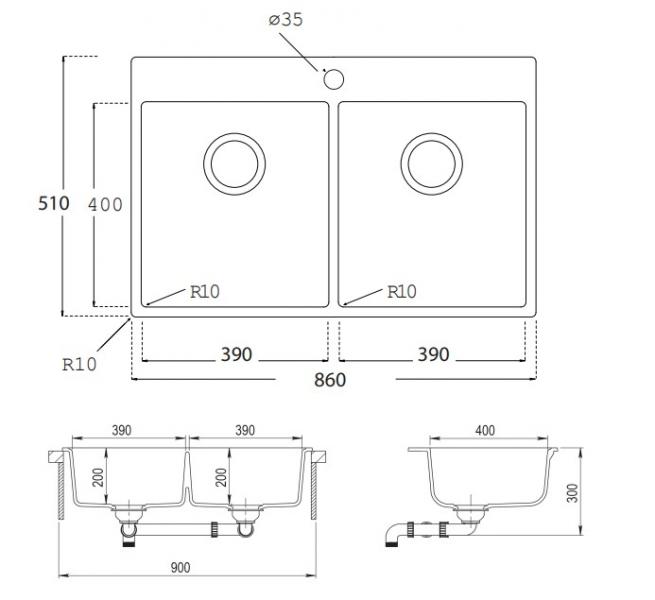 Lavabo Saturn 86 kompositvask - Antracit-sort/krom