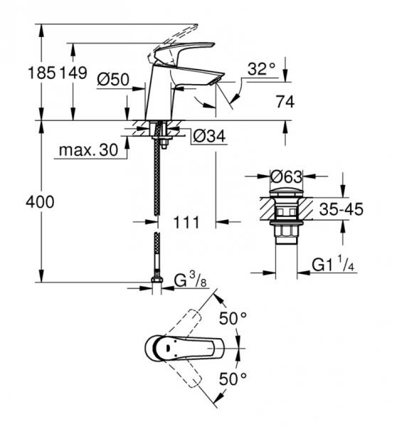 Grohe Eurosmart håndvaskarmatur m/push open bundventil