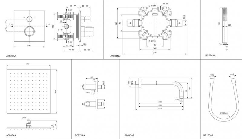 Ideal Standard Square komplet brusesystem til indbygning - Krom