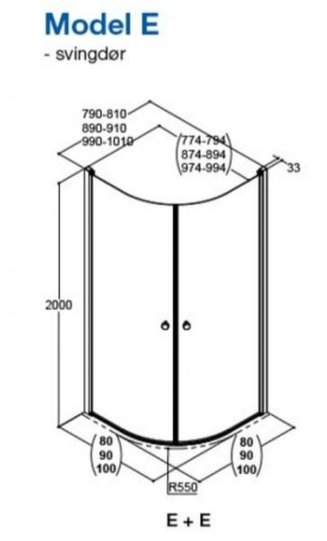 Dansani Match E+E brusehjørne - 90x90 cm - Klart glas/mat sort