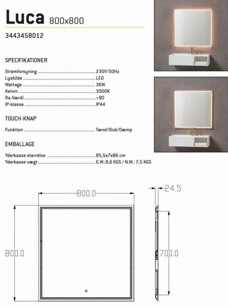 Luca firkantet spejl m/integreret LED lys, backlight og touch - 80 cm