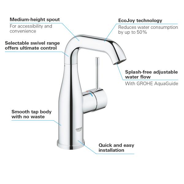 Grohe Essence New M håndvaskarmatur u/bundventil m/svingtud - Krom