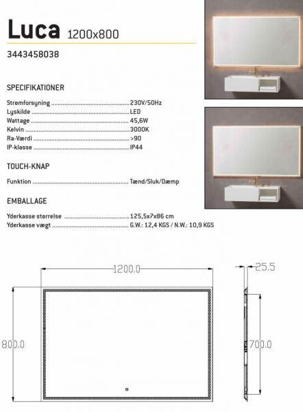 Luca firkantet spejl m/integreret LED lys, backlight og touch - 120 cm